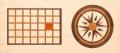 Marquetry wood-inlay panel of a calendar grid with one burnt-orange square beside a walnut and cherry compass rose