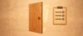Marquetry wood-inlay panel of a cherry door standing open with a burnt-orange handle, beside a clipboard checklist