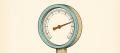 A retro technical-manual illustration of a round instrument gauge with a burnt-orange pointer needle